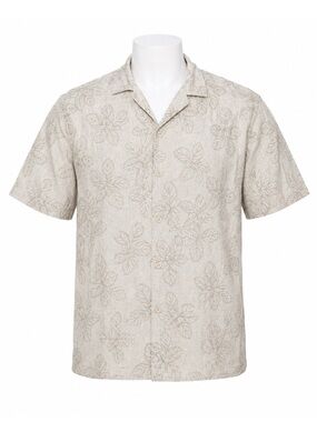 Size M Folk Men’s Marco Embroidered‎ Linen Blend Camp Collar Shirt Stone NWT
